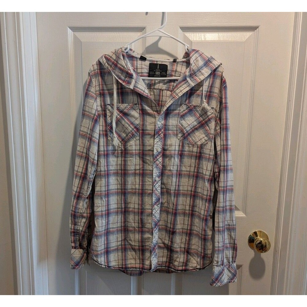 Plaid Button Up With Hood I Jeans By Buffalo Men's Size Medium White Blue Red